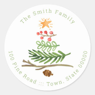 Winter Greenery Watercolor Weihnachtsbaum Runder Aufkleber
