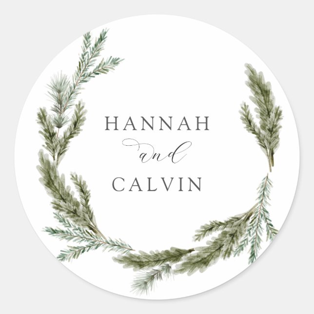 Winter Greenery Wedding Classic Round Sticker (Vorderseite)