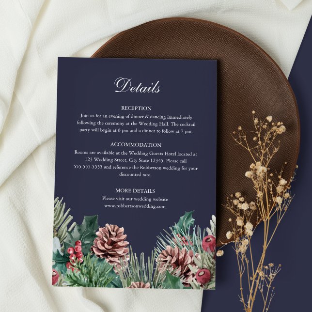 Winter Greenery Wedding Details Card Einladung (Midnight Blue Winter Wedding Details Card on white and rustic brown background)