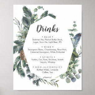 Winter Greenery Wedding Drinks Menü Zeichen Poster