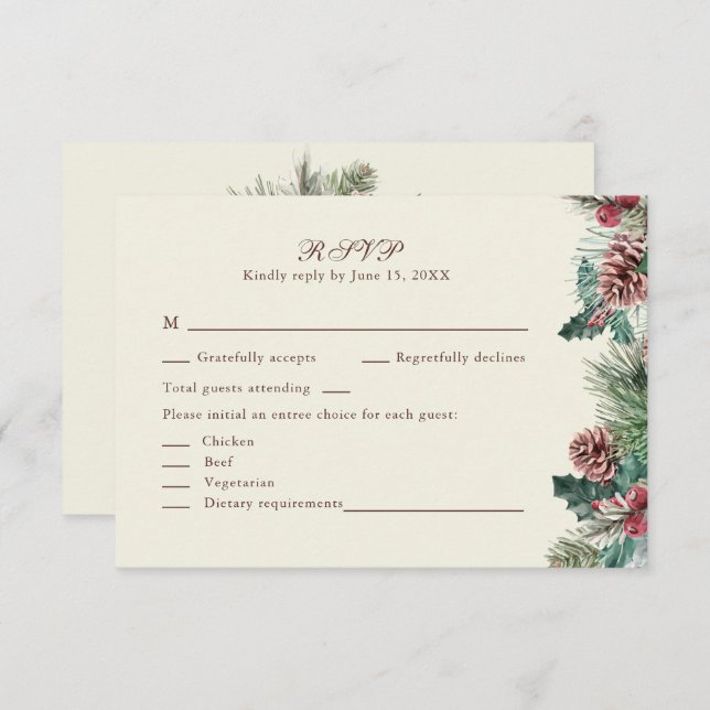 Winter Greenery Wedding RSVP Card Dankeskarte (Vorne/Hinten)