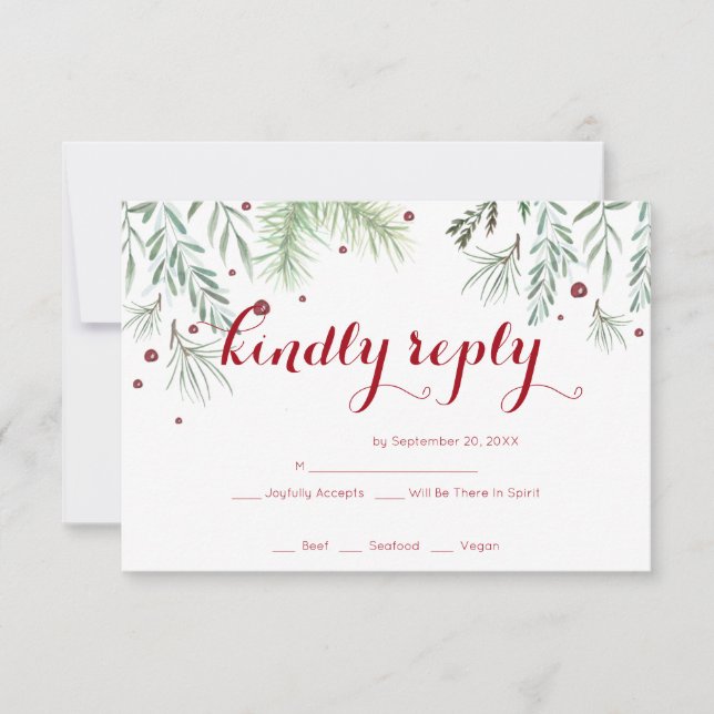 Winter Greenery Wedding RSVP Karte (Vorderseite)