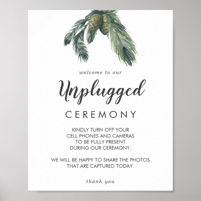 Winter Greenery Wedding Unplugged Ceremony Sign Poster (Vorne)