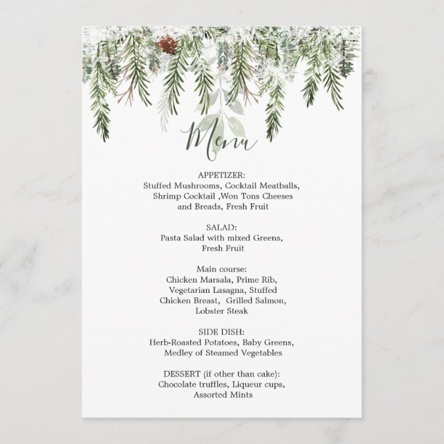 Winter Greenery Wedding Weihnachtsmenü Menükarte (Vorderseite)