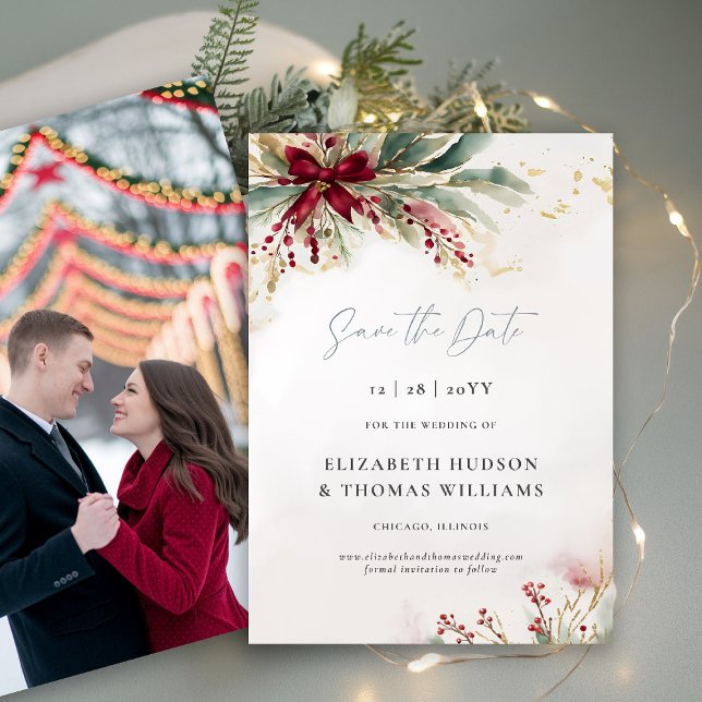 Winter Greenery Weihnachten Red Bow Wedding Save The Date (winter wedding save the date christmas bow greenery berries watercolor elegant modern photo template)