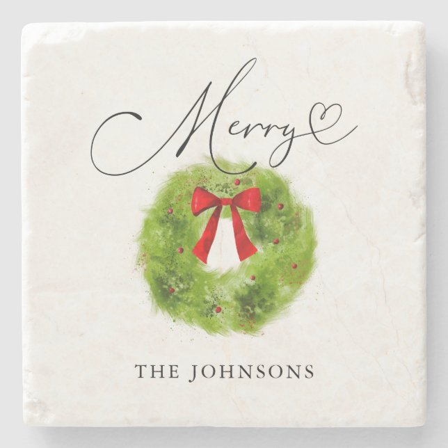 Winter Greenery Weihnachts-Wreath Merry Steinuntersetzer (Vorderseite)