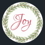 Winter Greenery Wreath Christmas Joy Runder Aufkleber<br><div class="desc">Eleganter und moderner festlicher Umschlag Aufkleber oder Geschenkaufkleber für Weihnachten mit dem Text 'Joy' in roter Chic-Schrift-Kalligraphie und einem stilvollen Winterkranz auf weißem Hintergrund. Exklusiv für Sie entworfen von Happy Dolphin Studio. Wenn Sie Hilfe oder passende Produkte benötigen,  kontaktieren Sie uns bitte über unseren Chat!</div>