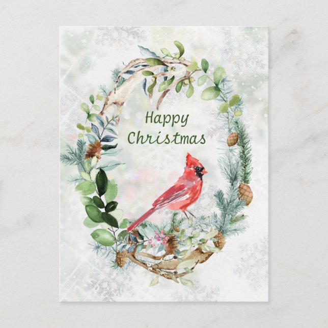 Winter Greenery Wreath Kardinal Bird Postkarte (Vorderseite)
