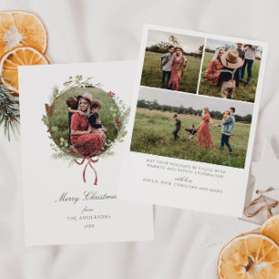 Winter Greenery Wreath Red Bow Foto Feiertagskarte