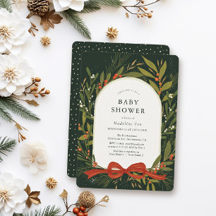 Winter Greenery Wreath Red Bow Green Baby Shower Einladung