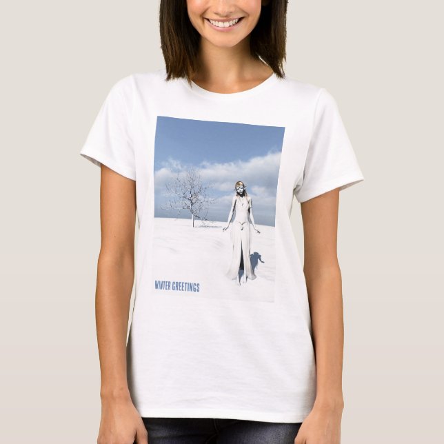 Winter Greetings. Female elf walking in the snow T-Shirt (Vorderseite)