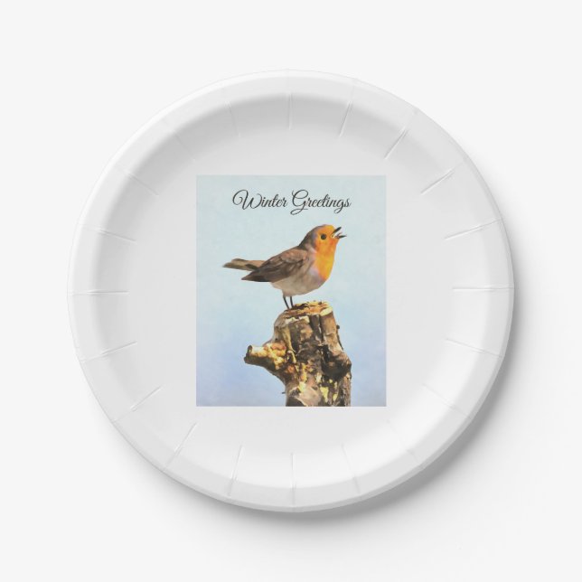 Winter Greetings. Robin singing  Pappteller (Vorderseite)
