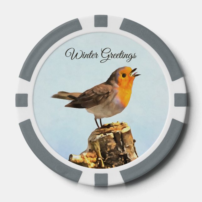 Winter Greetings. Robin singing  Pokerchips (Vorderseite)