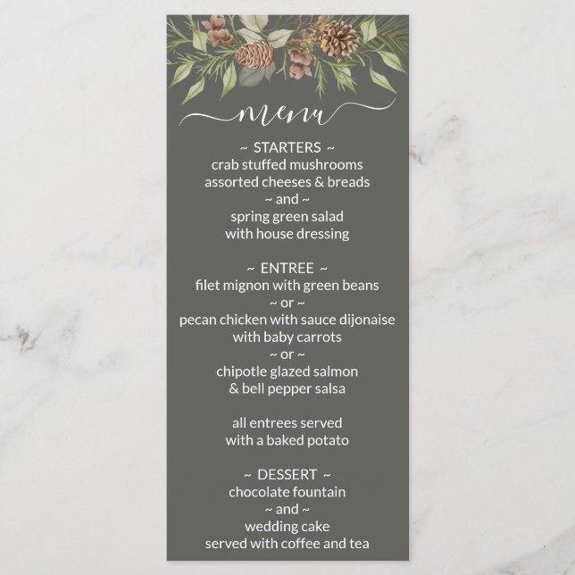 Winter Grey Elegant Script Wedding Menu Menükarte (Vorderseite)