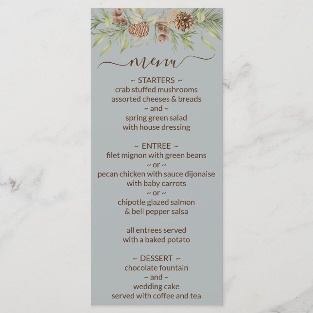 Winter Grey Elegant Script Wedding Menu Menükarte (Vorderseite)