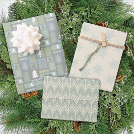Winter Grüne Bäume Schneeflocken Pastel Modern Geschenkpapier Set