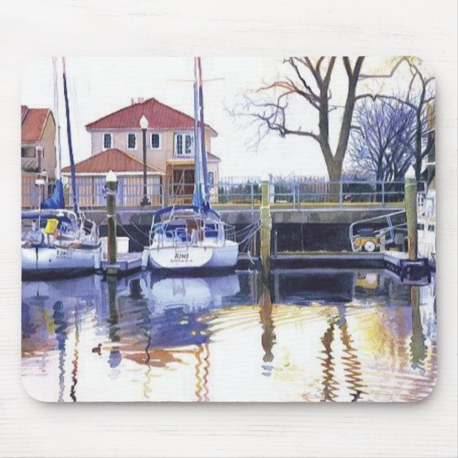 "Winter-Hafen-" Boots-Aquarell Mousepad (Vorne)
