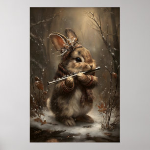 Winter-Hase spielt Flöte im Wald Kunstprint – Poster