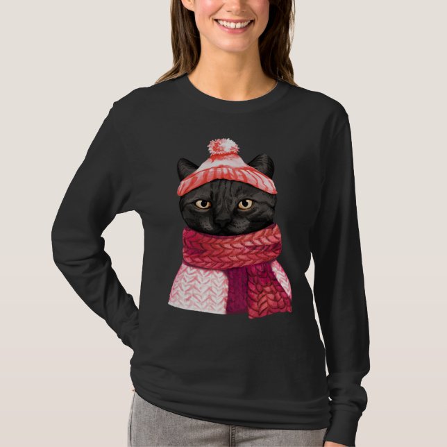 Winter Hat And Shawl Black Cat For Kitten T-Shirt (Vorderseite)