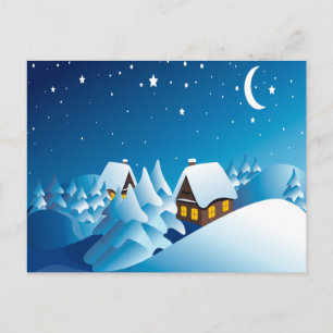Winter, Haus, Nacht, Mond und Sterne Postkarte