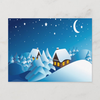 Winter, Haus, Nacht, Mond und Sterne Postkarte