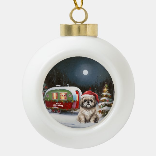 Winter Havanese Caravan Weihnachtsabenteuer Keramik Kugel-Ornament (Vorderseite)