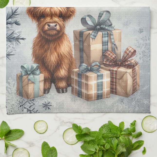 Winter Highland-Kuh Blaue Geschenke Geschirrtuch (Gefaltet)