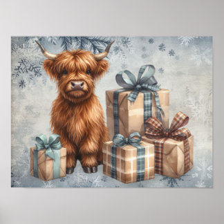 Winter Highland-Kuh Blaue Geschenke Poster