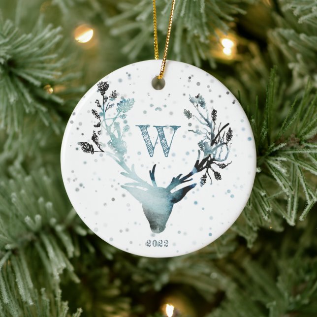 Winter Hirschkopf Silver Blue Monogram Christmas C Keramik Ornament (Baum)