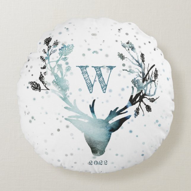 Winter Hirschkopf Silver Blue Monogram Christmas Rundes Kissen (Vorderseite)