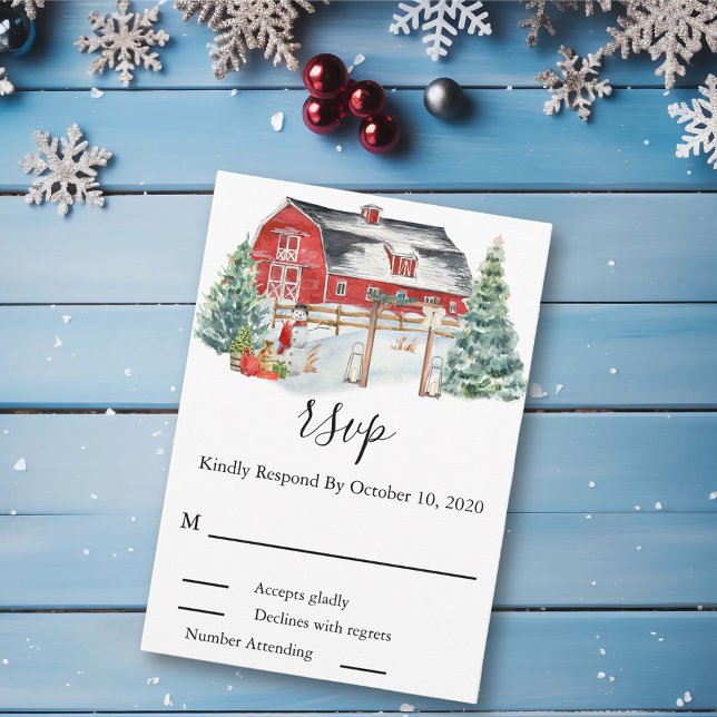Winter Hochzeit Barn Weihnachtsschnee Wasserfarbe RSVP Karte (Von Creator hochgeladen)