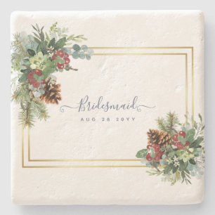 Winter Hochzeit mit roten Beeren und Kiefernzapfen Steinuntersetzer