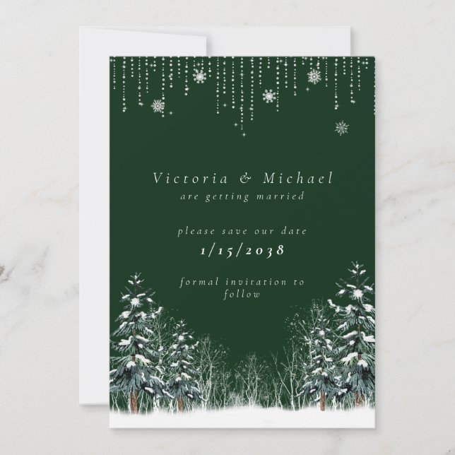 Winter Hochzeit Pine Trees Schneeflocken Save The Date (Vorderseite)