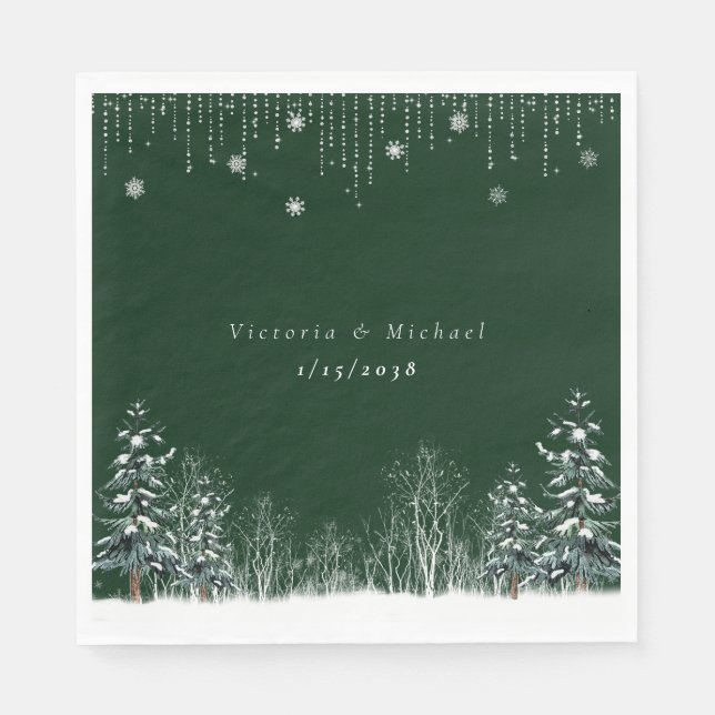 Winter Hochzeit Pine Trees Schneeflocken Serviette (Vorderseite)