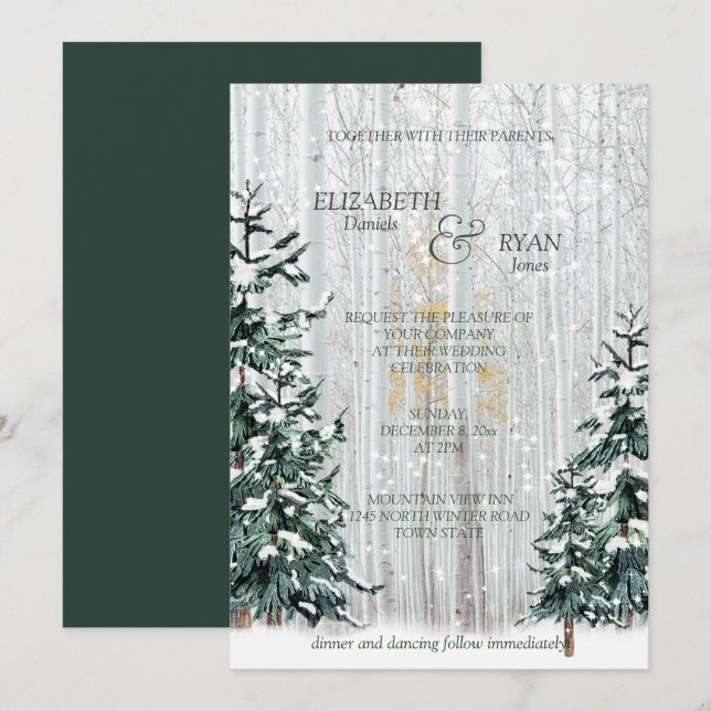 Winter Hochzeit Pine Trees White Birch Forest Einladung (Vorne/Hinten)