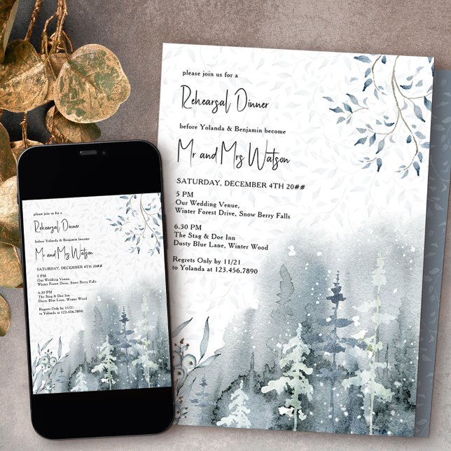 Winter-Hochzeit-Probe Snow Forest Watercolor Einladung (Wedding Rehearsal Dinner invitation from my Snow Forest Winter Wedding collection)