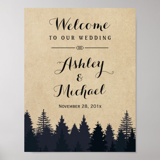 Winter Hochzeit Schild rustikale Pine Trees Kraft (Vorne)