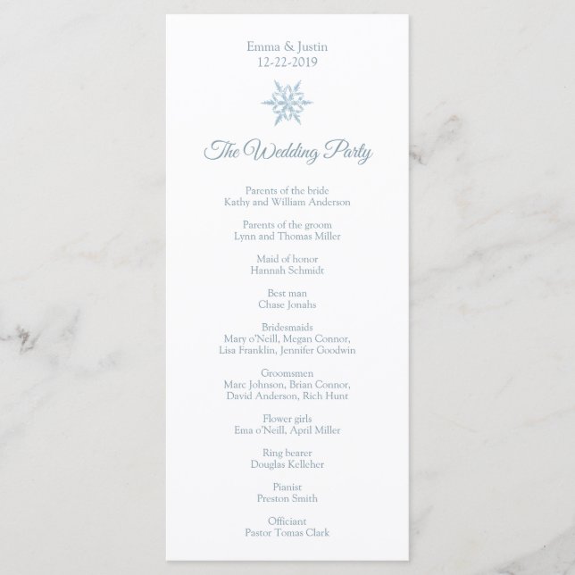 Winter Hochzeit Silver Blue Snowflake Rackckard Programm (Vorderseite)