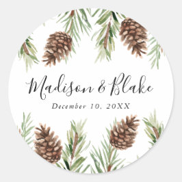 Winter-Hochzeit von Cone Watercolor Pine Runder Aufkleber