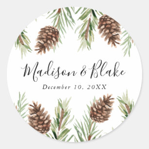Winter-Hochzeit von Cone Watercolor Pine Runder Aufkleber