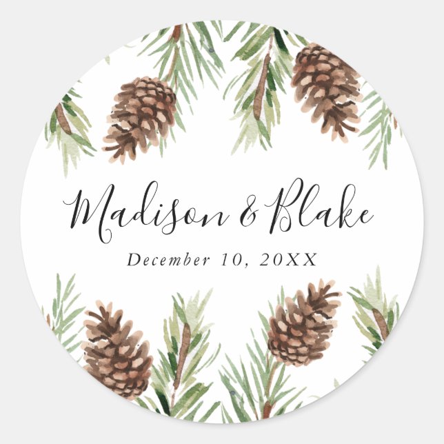 Winter-Hochzeit von Cone Watercolor Pine Runder Aufkleber (Vorderseite)