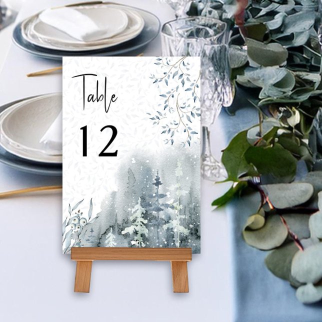 Winter Hochzeit Wasserfarbenschneewald essbar Tischnummer (Wedding Table Number from the Snow Forest wedding collection by Darling & May)