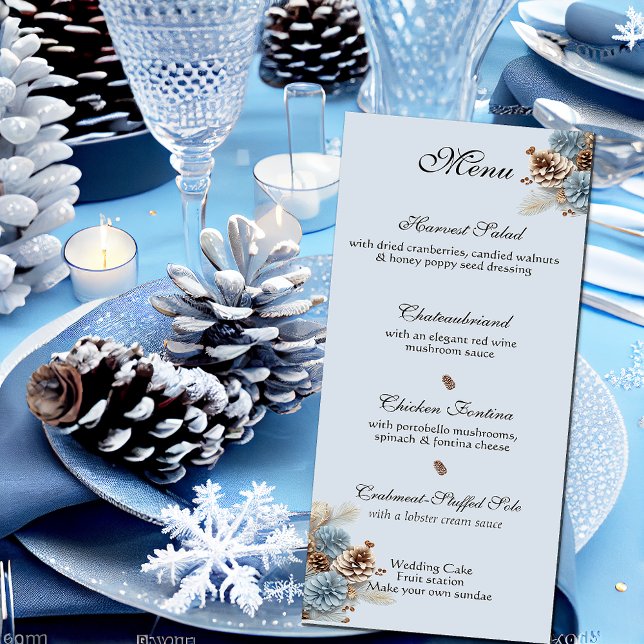 Winter Hochzeit Weihnachten Pinecones Blue Brown Menükarte (Von Creator hochgeladen)