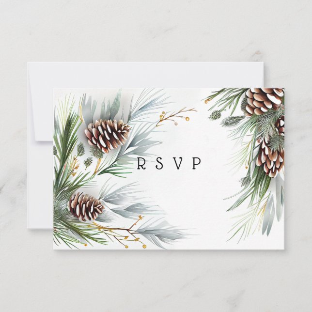 Winter Hochzeitskiefern Schneekiefern Branchen RSVP Karte (Vorderseite)