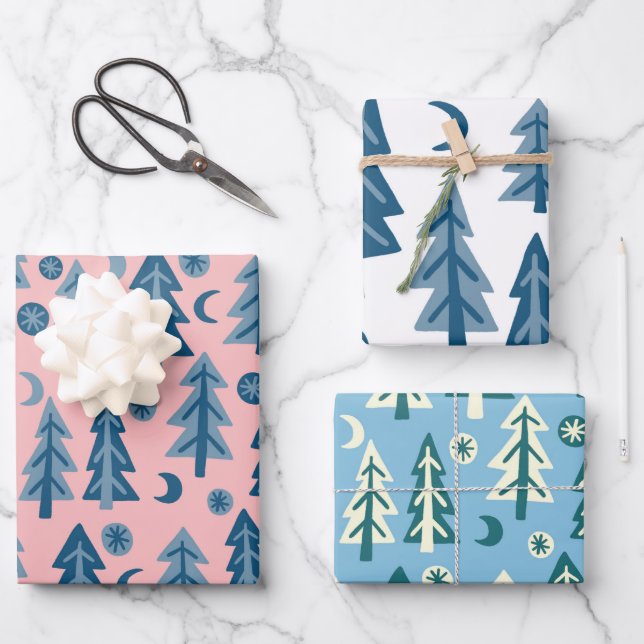 Winter Holiday Blue Trees Muster Variety Geschenk Geschenkpapier Set (Vorderseite)