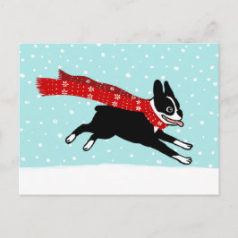 Winter Holiday Boston Terrier Wearing Red Scarf Feiertagspostkarte