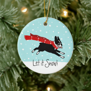Winter Holiday Boston Terrier Wearing Red Scarf Keramik Ornament