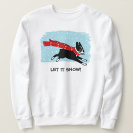 Winter Holiday Boston Terrier Wearing Red Scarf Sweatshirt