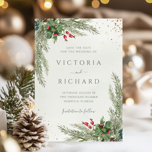 Winter Holiday Botanische Grüne Hochzeit Save The Date (Von Creator hochgeladen)