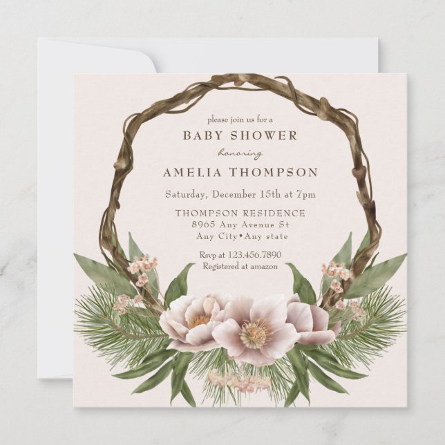 Winter Holiday Greenery | Boho Baby Shower Einladung (Vorderseite)